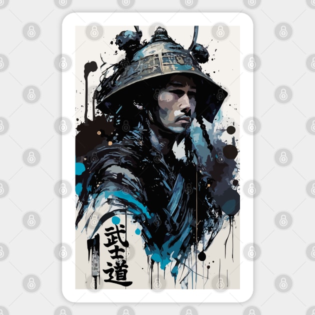 Samurai in Casual Costume with Bushido Calligraphy in Ink Painting Style Sticker by diegotorres